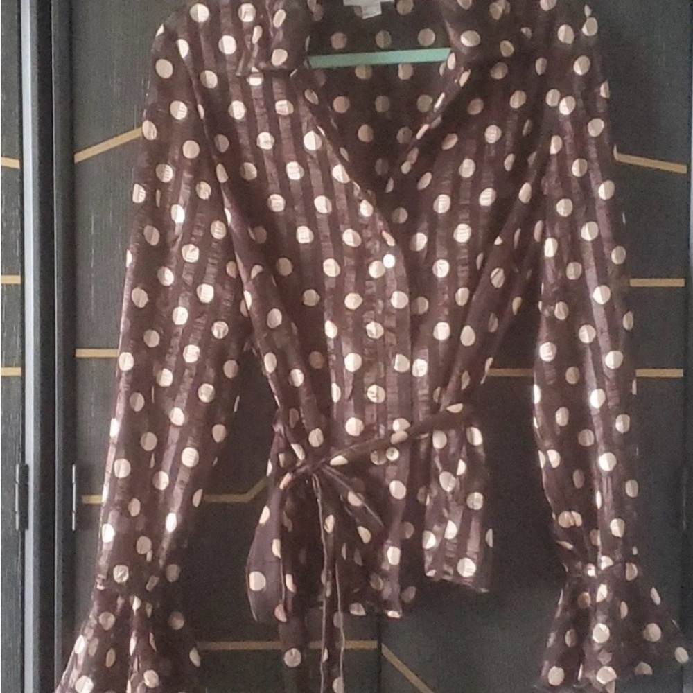 Joseph Ribkoff Long Sleeve Wrap Blouse in Deep Brown with Ivory Polka Dots